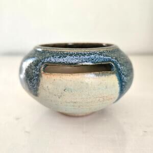 Vintage Studio Pottery Bowl Small Glazed Blue Turquoise Cream Boho Western Art